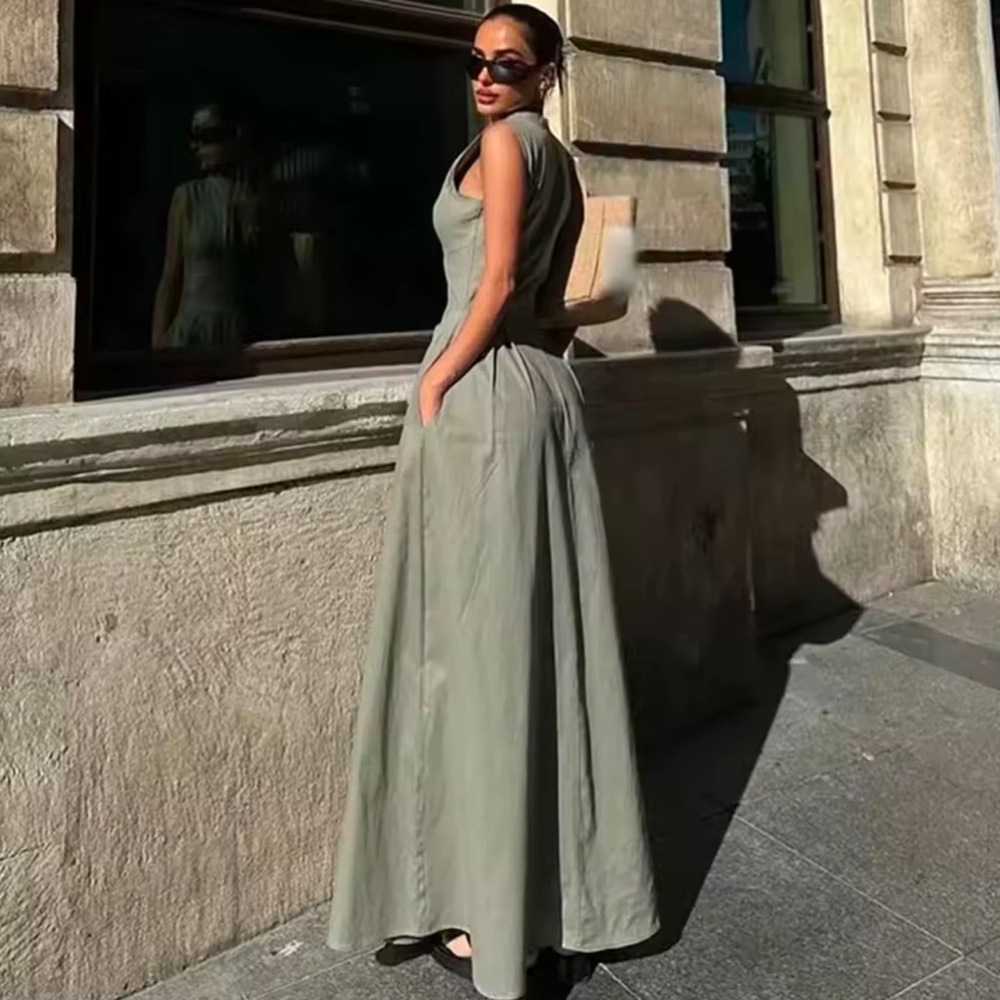 Spring Summer Modern Elegant Sleeveless V-neck Zipper Long Dress in Olive Green - Picture 3 of 4
